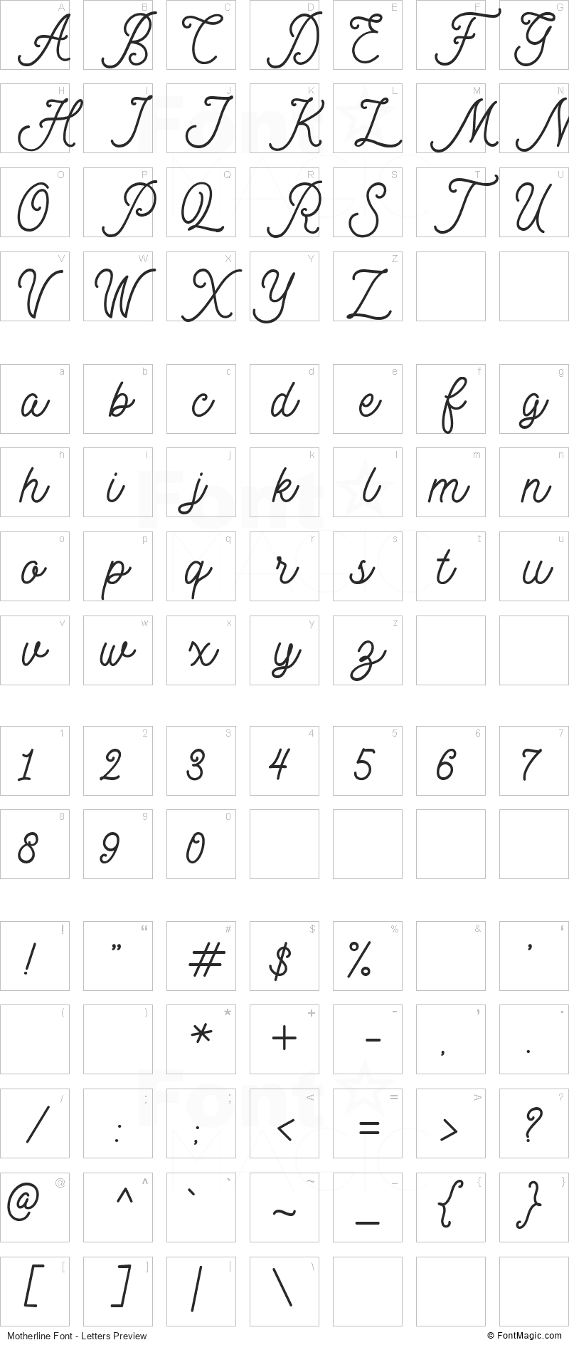 Motherline Font - All Latters Preview Chart