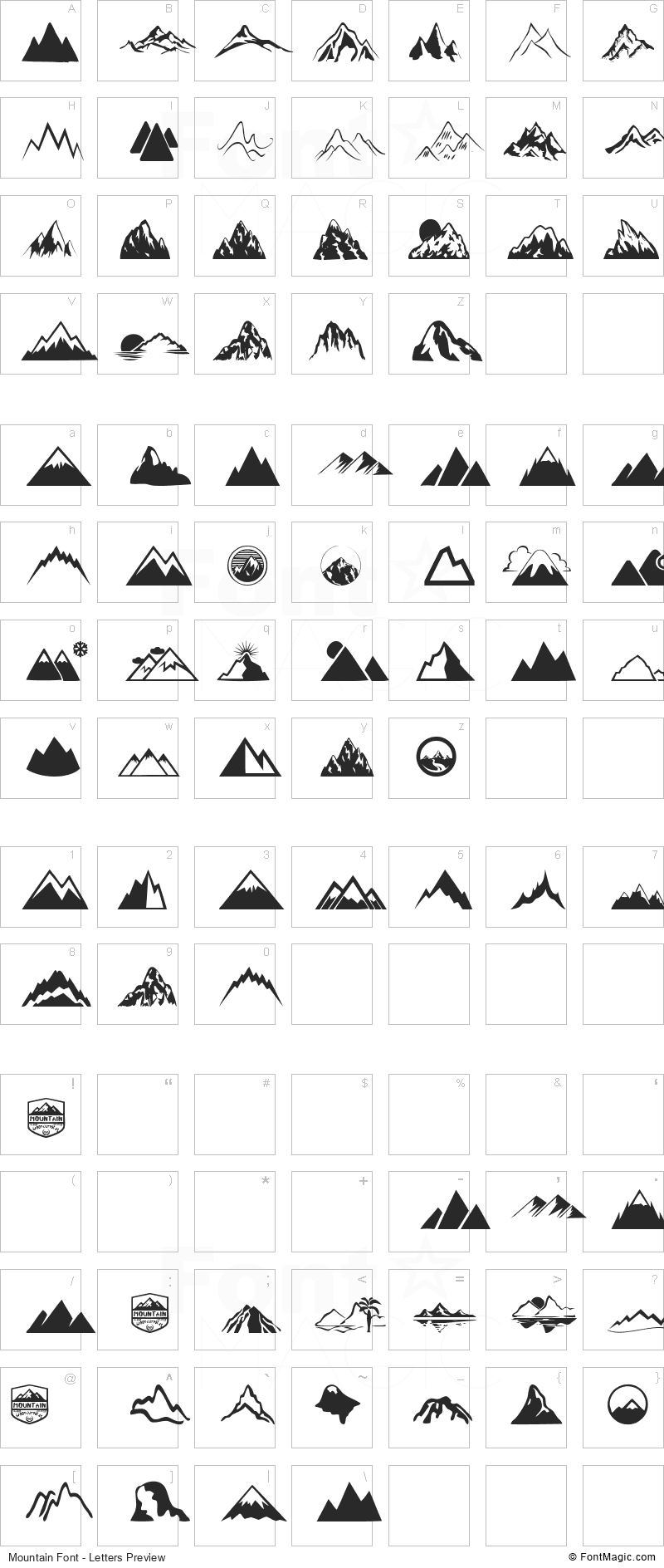 Mountain Font - All Latters Preview Chart