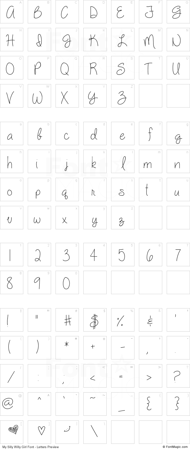 My Silly Willy Girl Font - All Latters Preview Chart