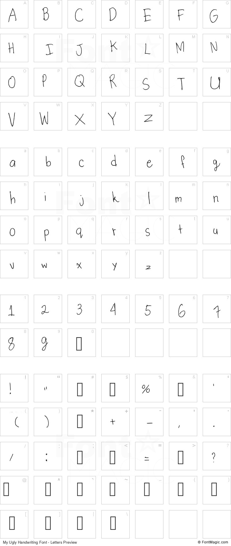 My Ugly Handwriting Font - All Latters Preview Chart