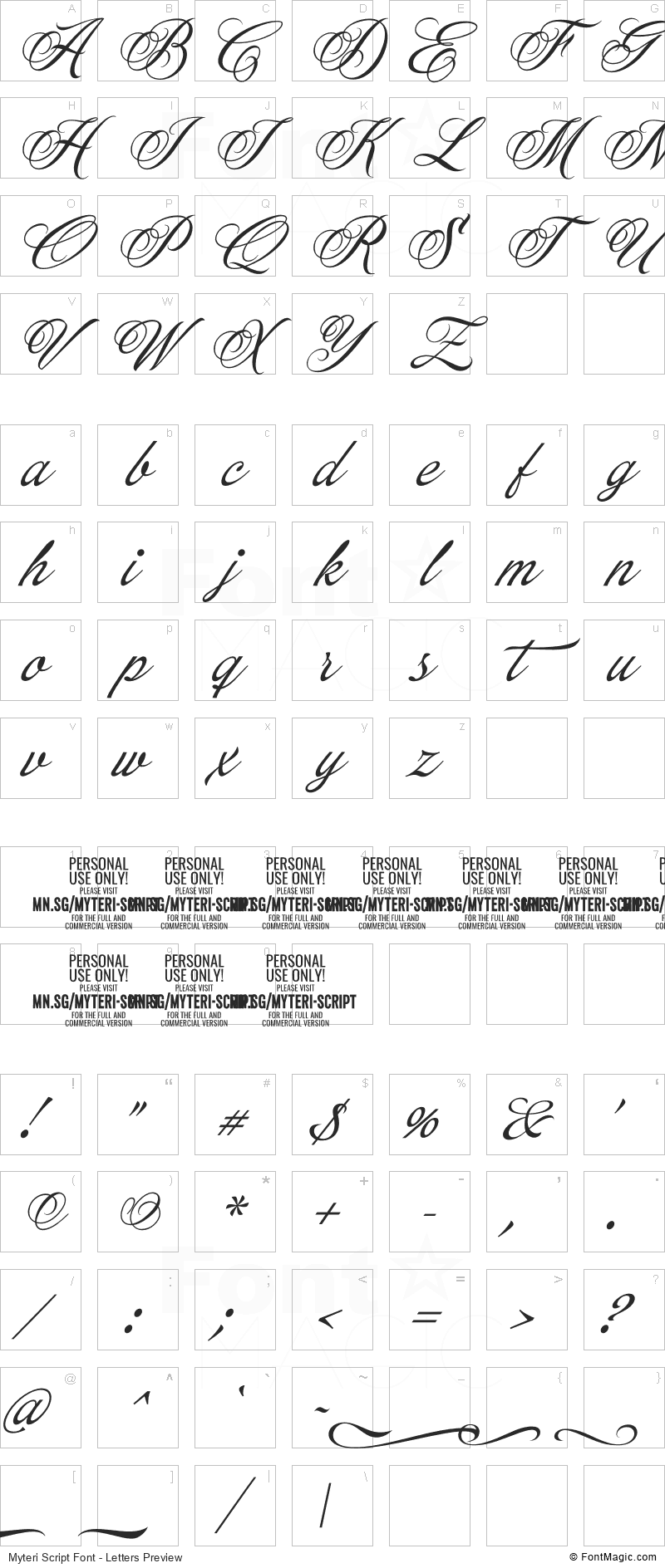 Myteri Script Font - All Latters Preview Chart