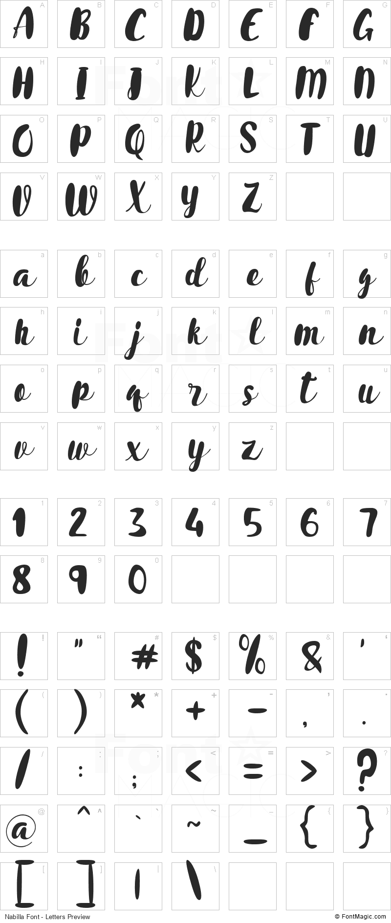 Nabilla Font - All Latters Preview Chart