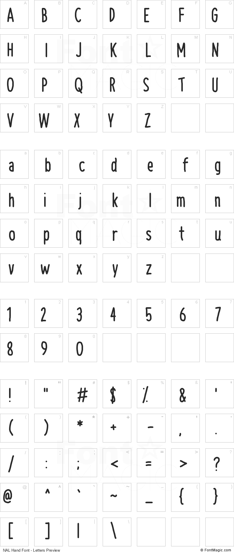 NAL Hand Font - All Latters Preview Chart