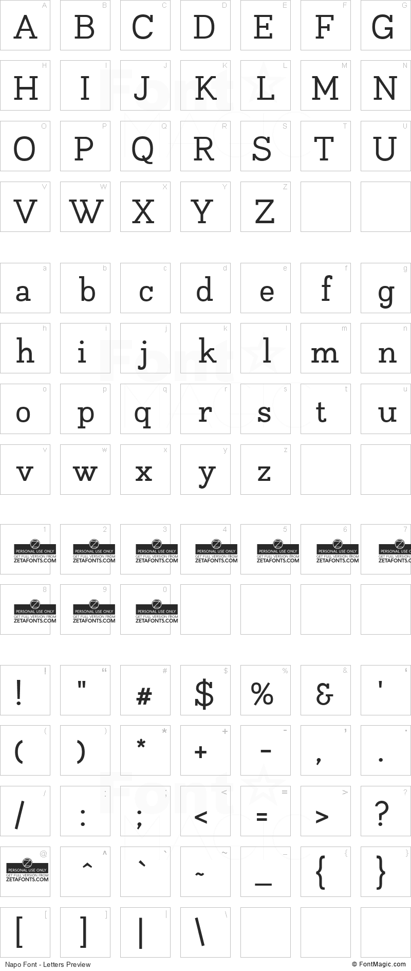 Napo Font - All Latters Preview Chart