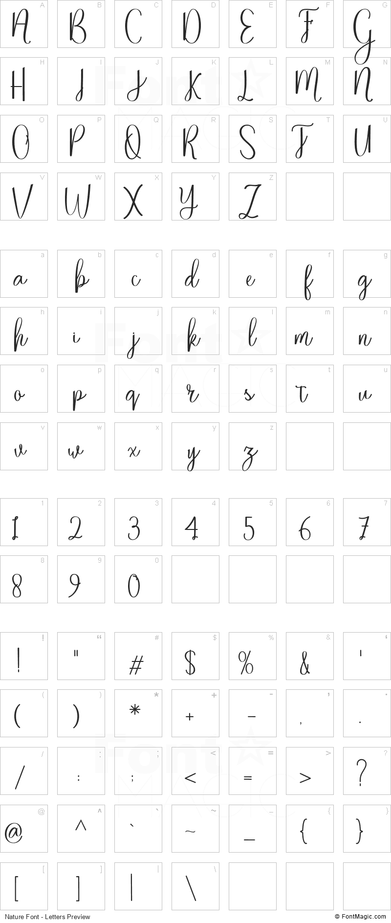 Nature Font - All Latters Preview Chart
