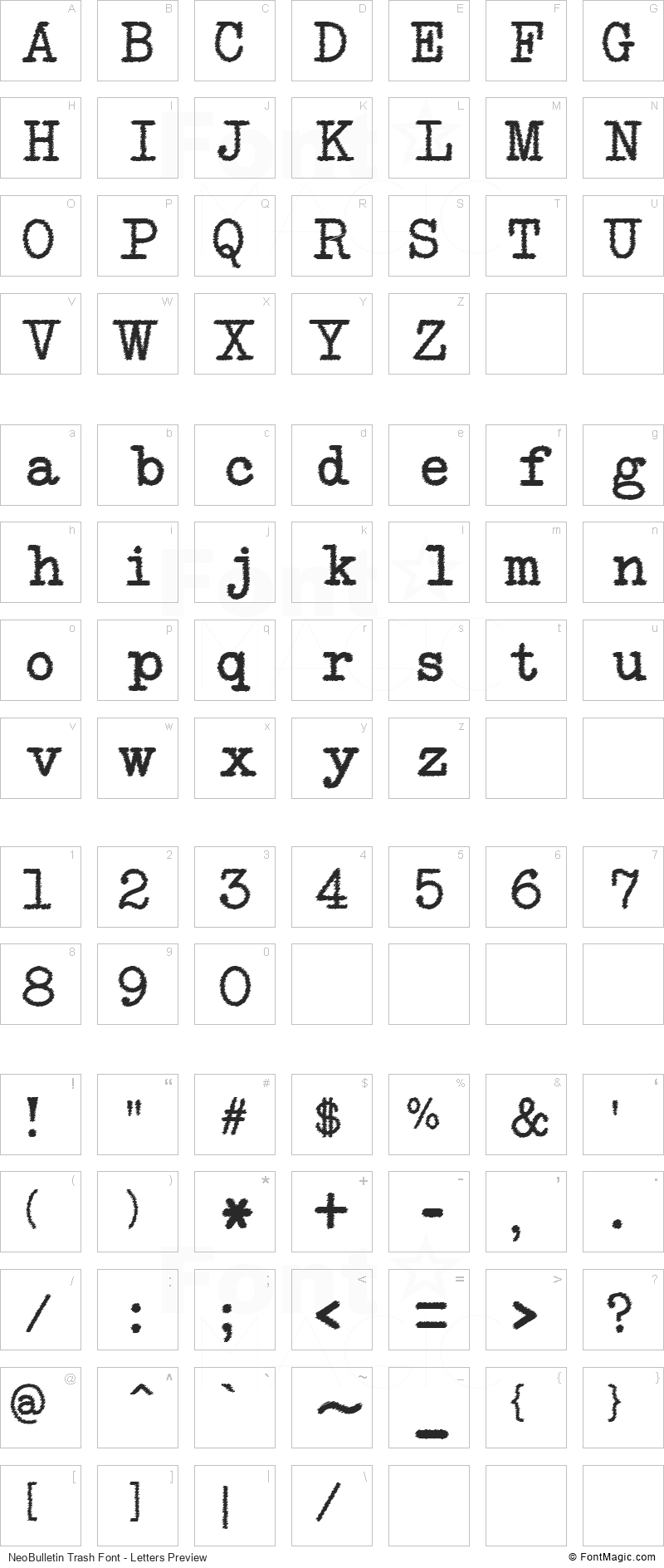 NeoBulletin Trash Font - All Latters Preview Chart