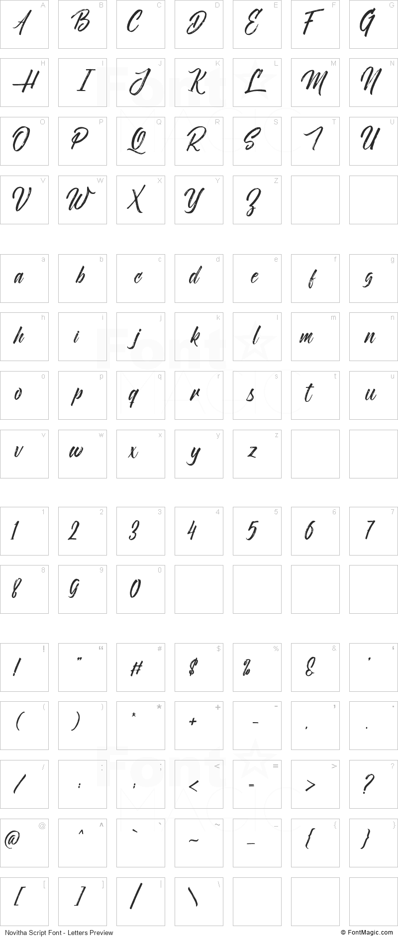 Novitha Script Font - All Latters Preview Chart