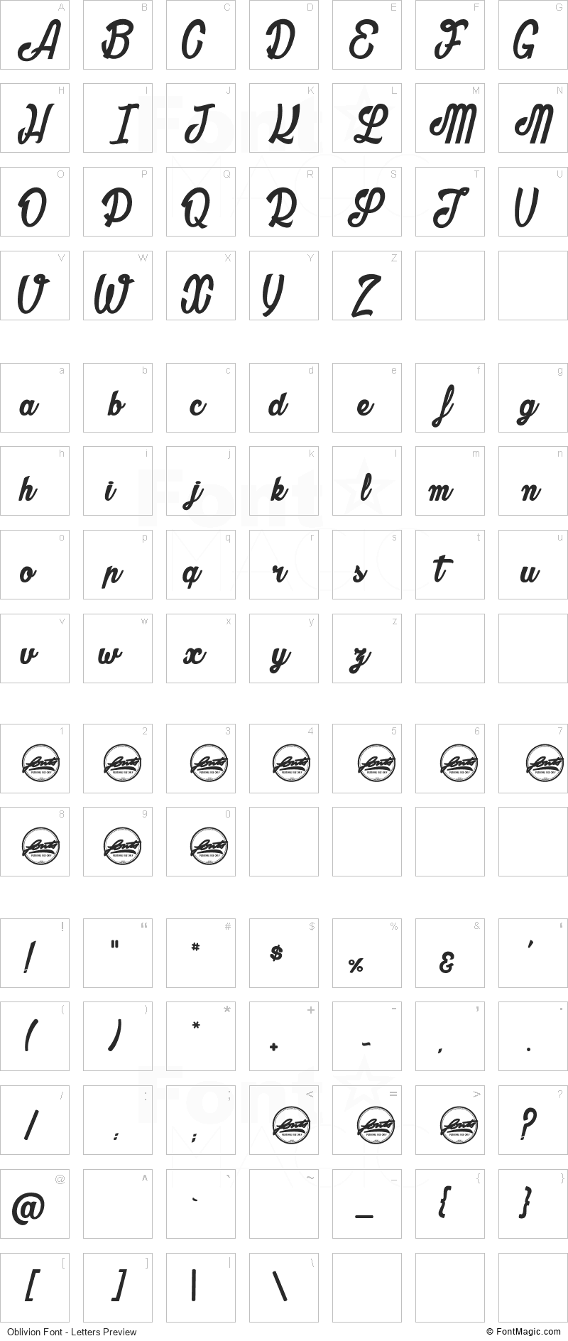 Oblivion Font - All Latters Preview Chart