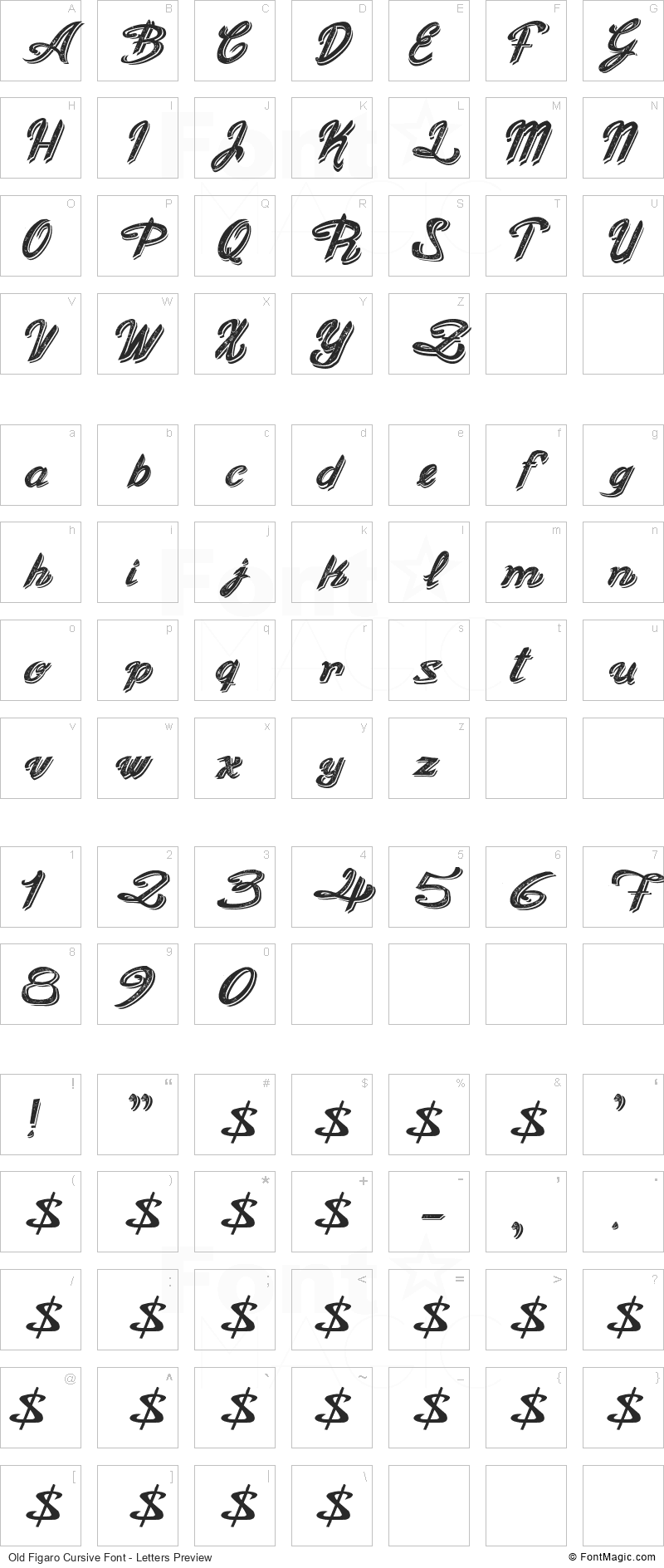 Old Figaro Cursive Font - All Latters Preview Chart