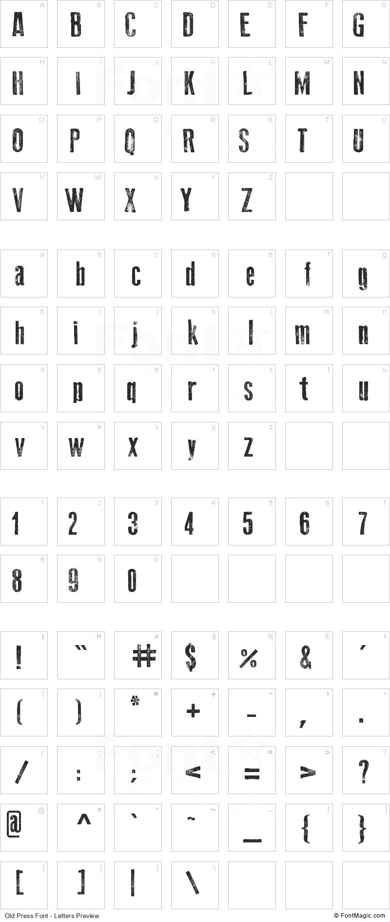 Old Press Font - All Latters Preview Chart