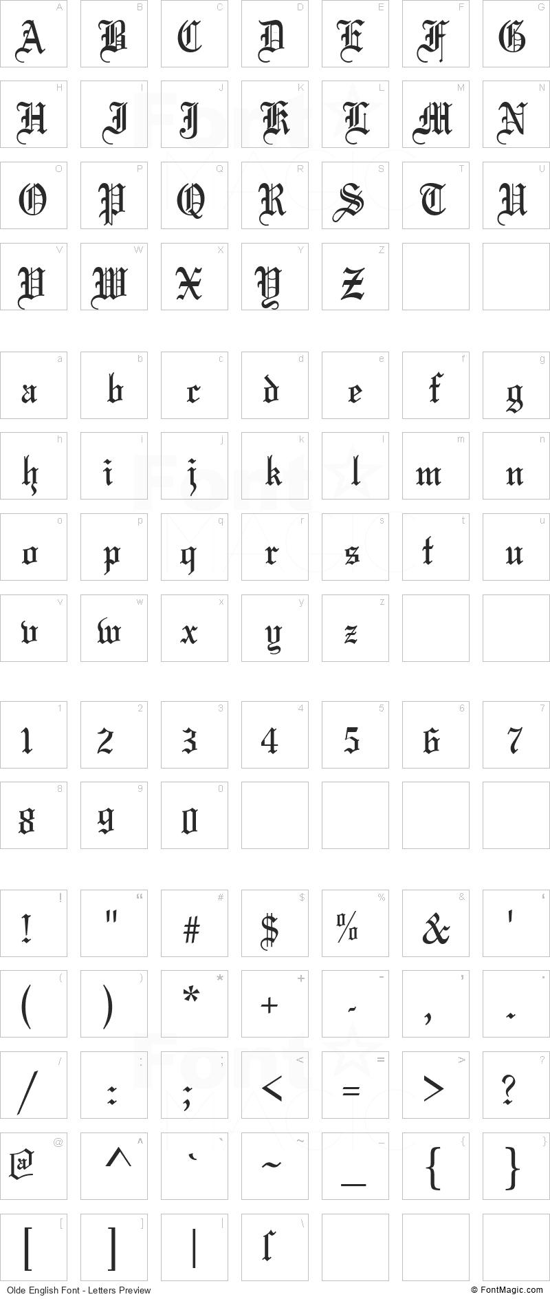 Olde English Font - All Latters Preview Chart