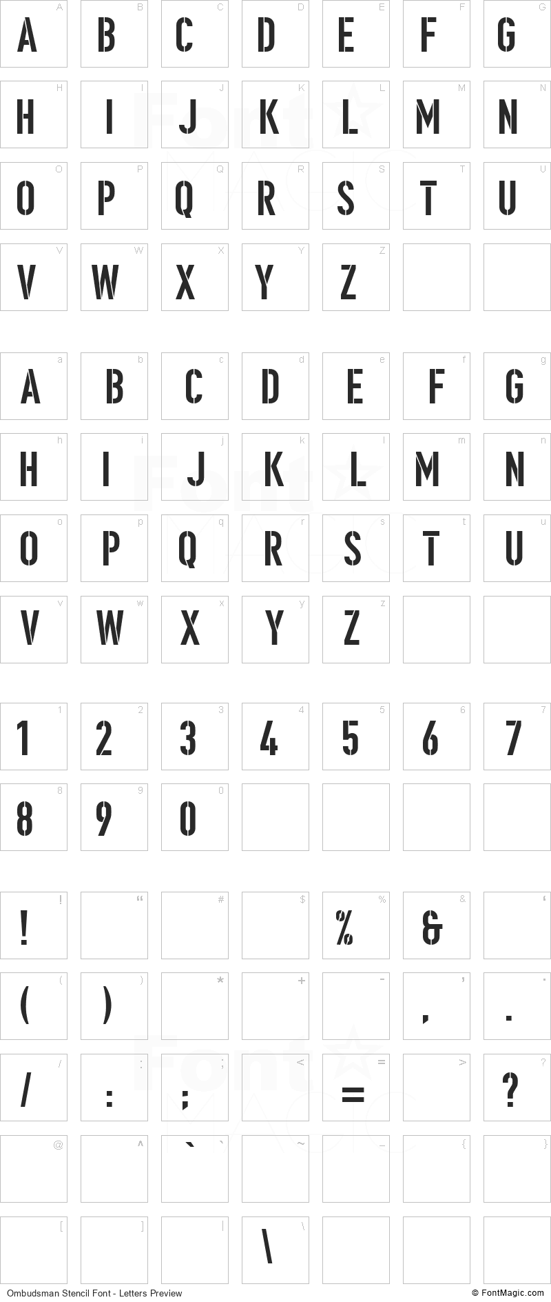 Ombudsman Stencil Font - All Latters Preview Chart