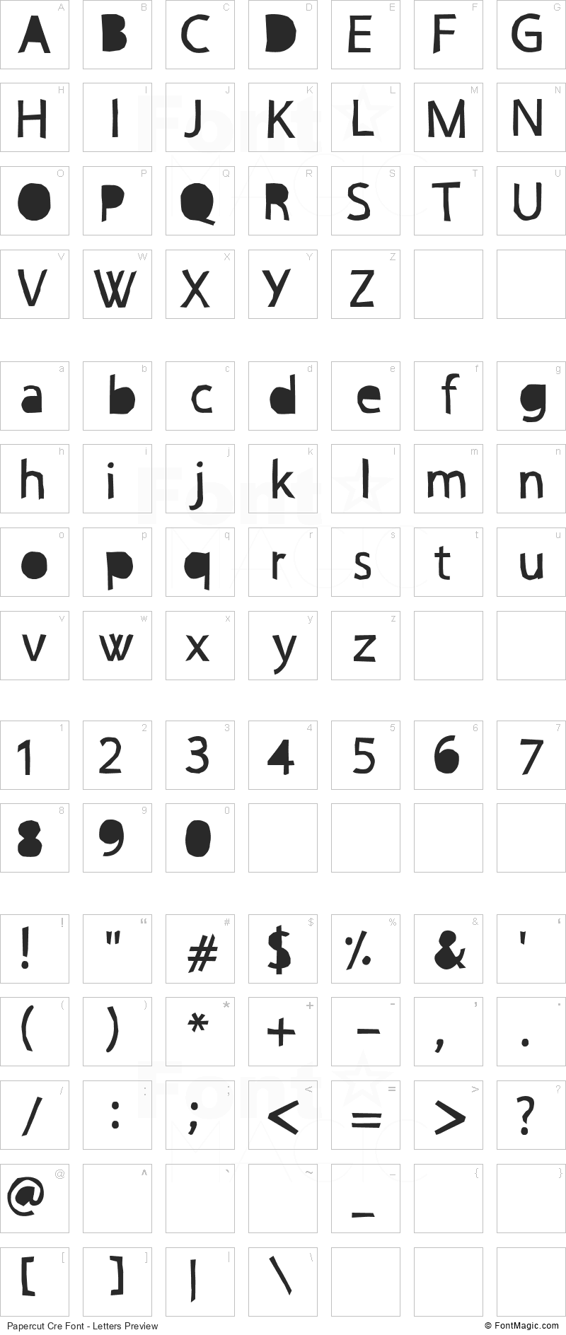 Papercut Cre Font - All Latters Preview Chart