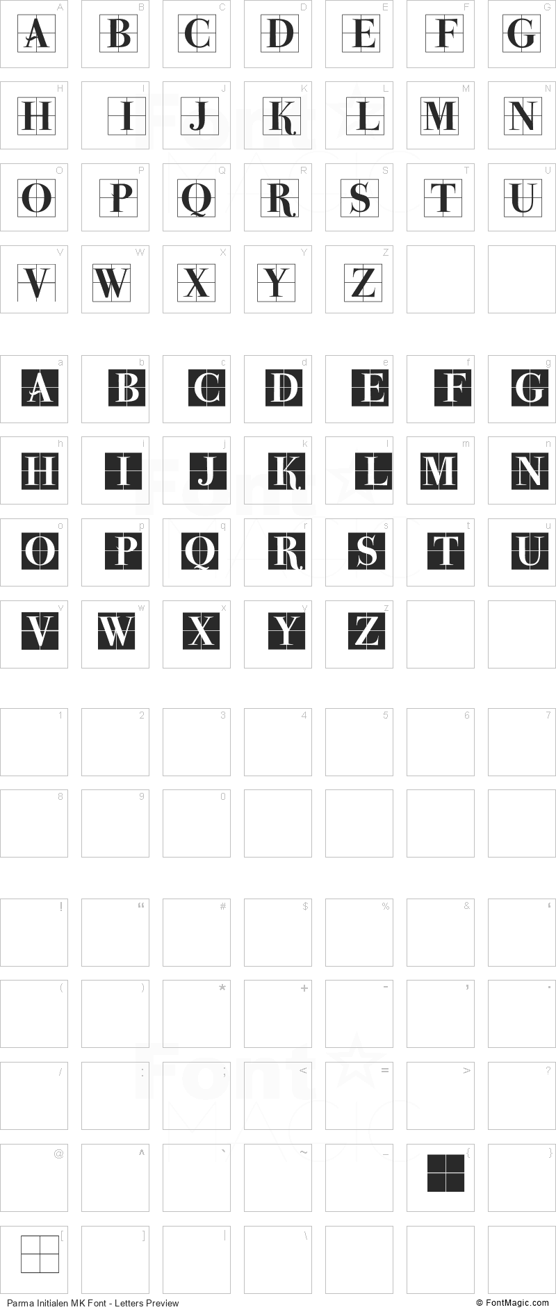 Parma Initialen MK Font - All Latters Preview Chart