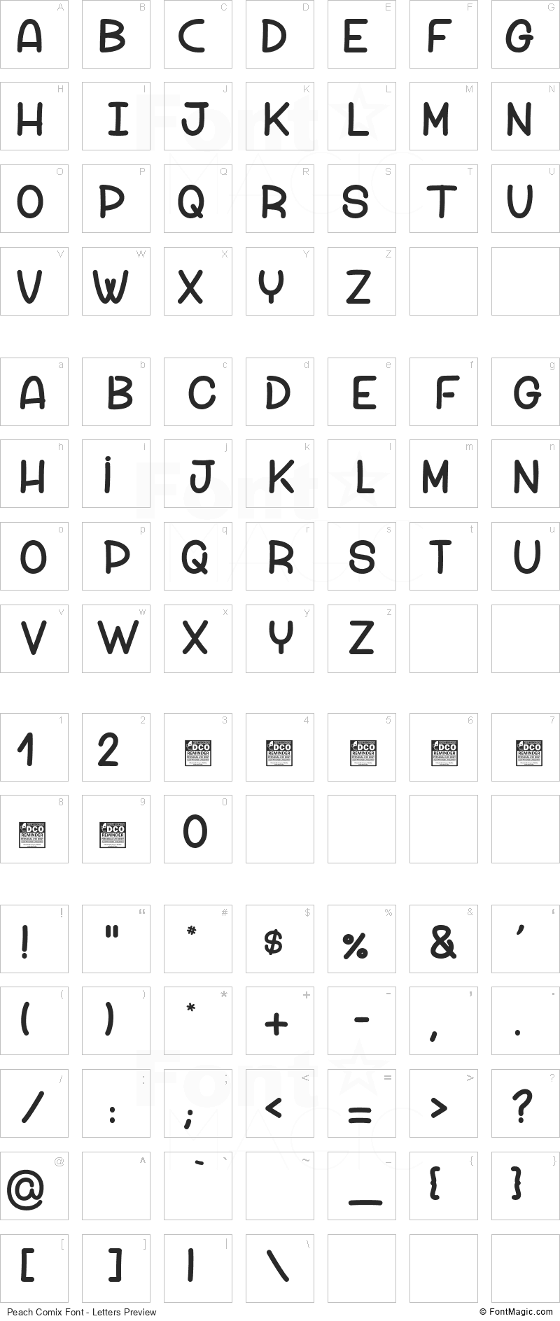 Peach Comix Font - All Latters Preview Chart