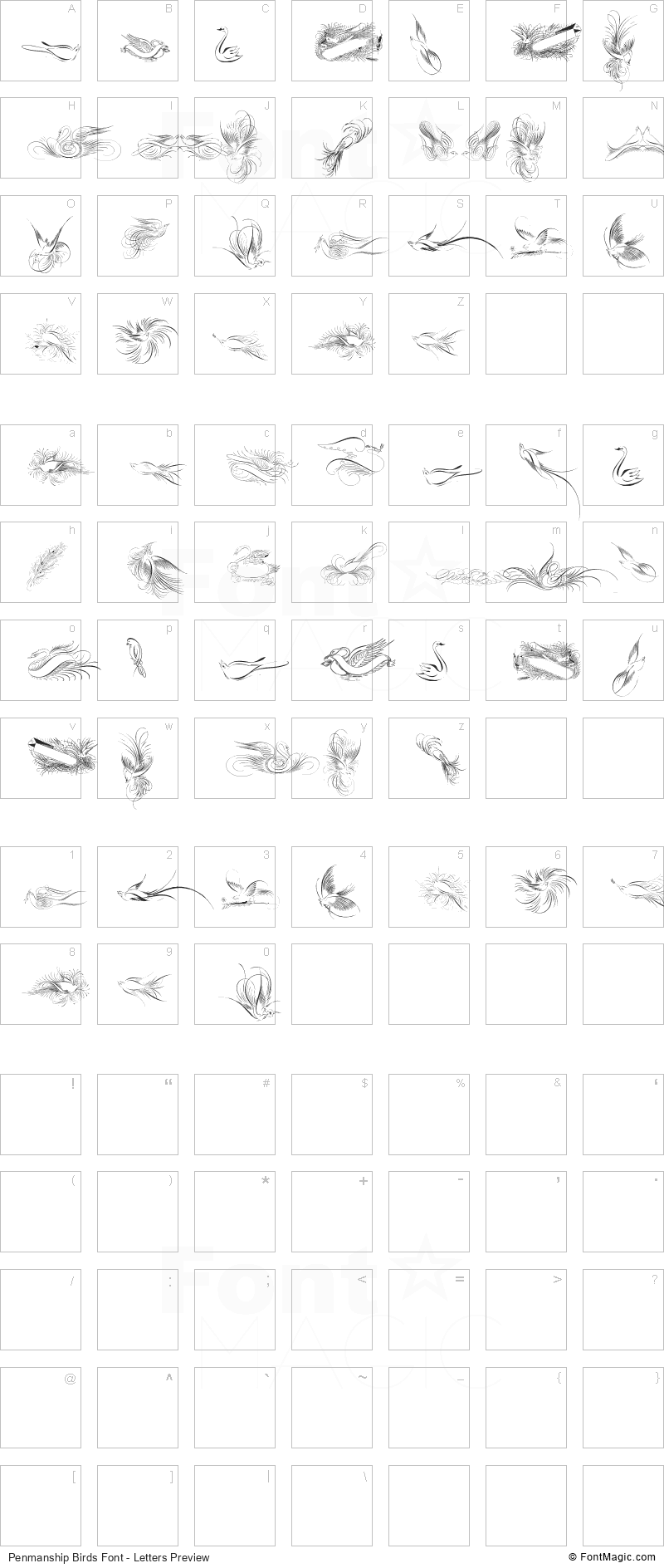 Penmanship Birds Font - All Latters Preview Chart