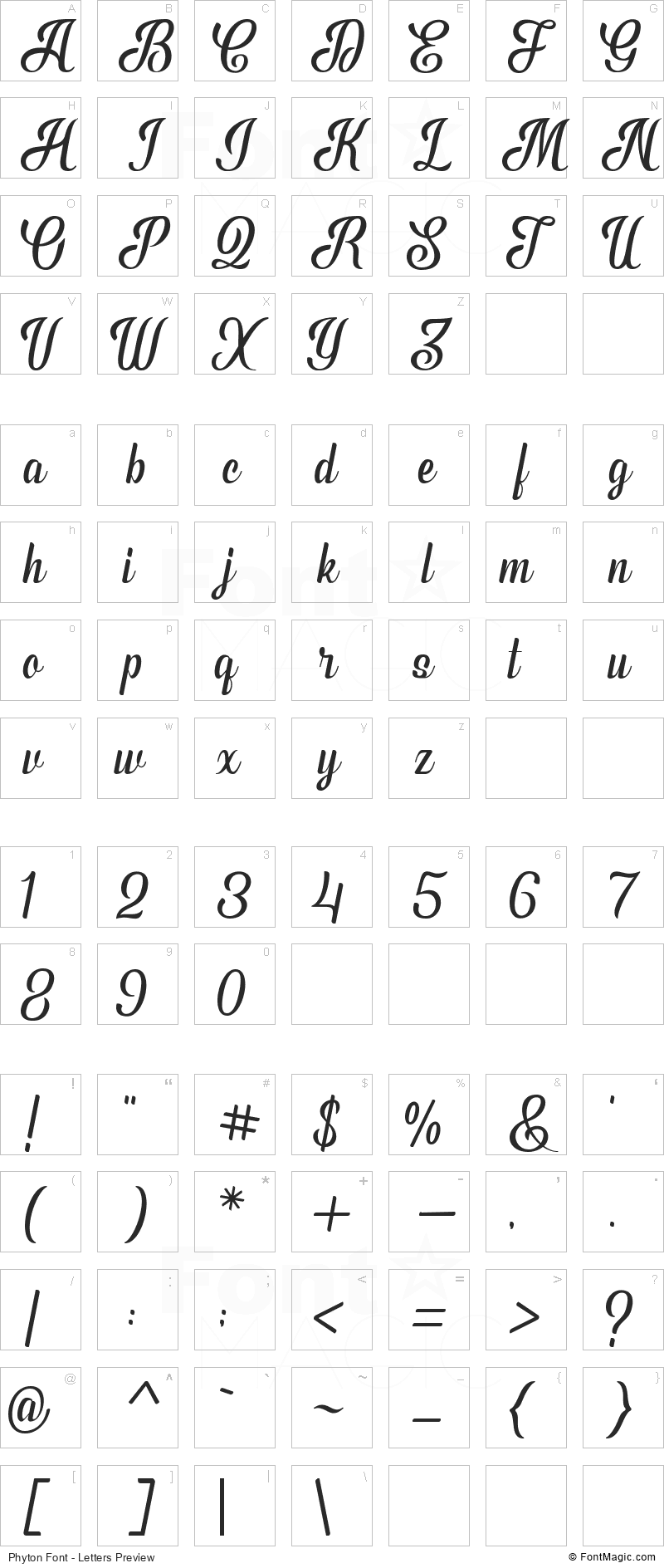 Phyton Font - All Latters Preview Chart