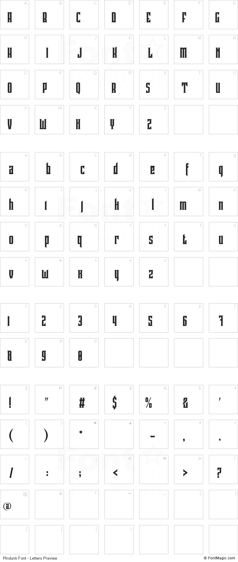 Pindunk Font - All Latters Preview Chart