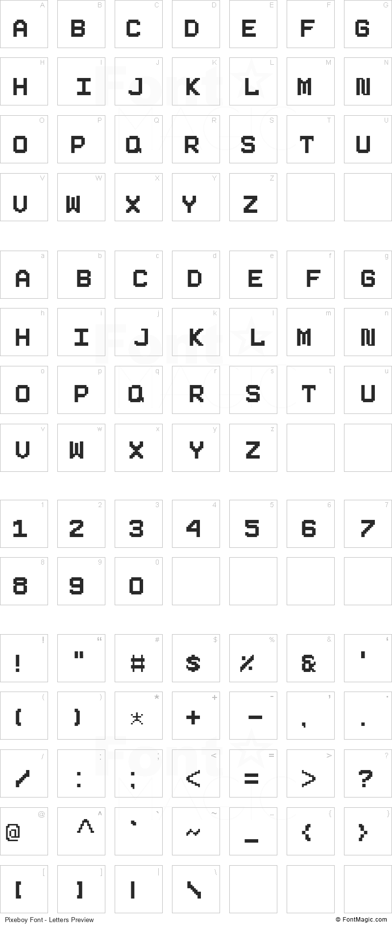 Pixeboy Font - All Latters Preview Chart