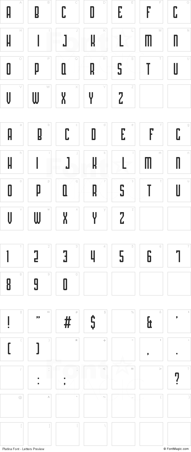 Platina Font - All Latters Preview Chart