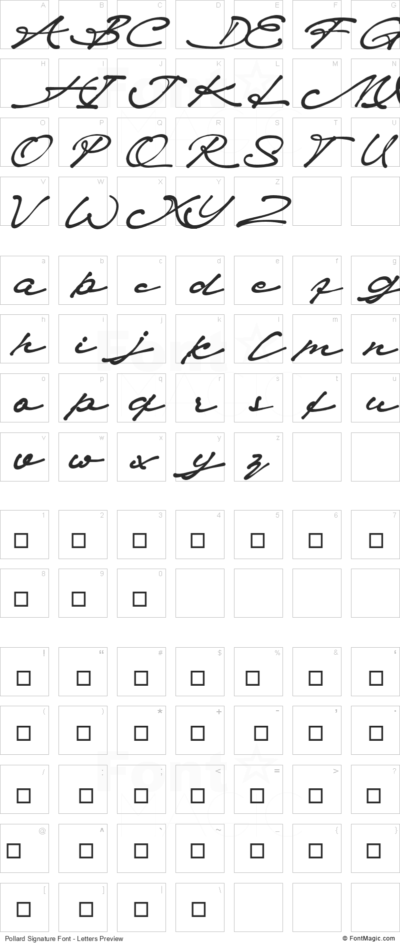 Pollard Signature Font - All Latters Preview Chart