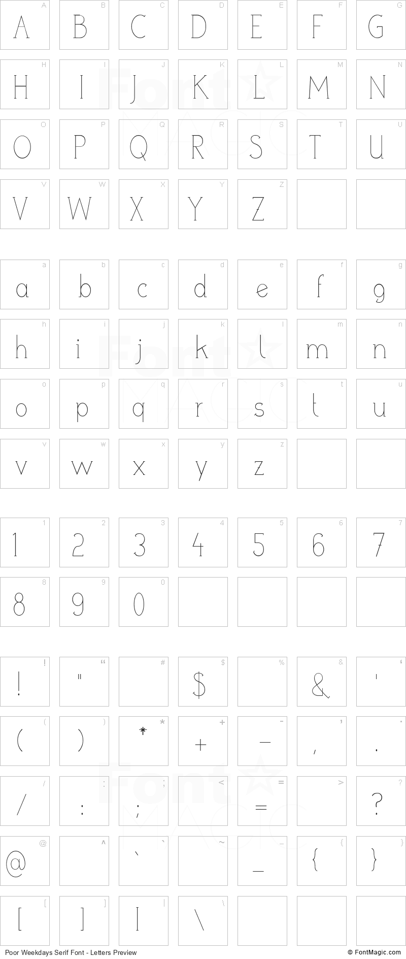 Poor Weekdays Serif Font - All Latters Preview Chart
