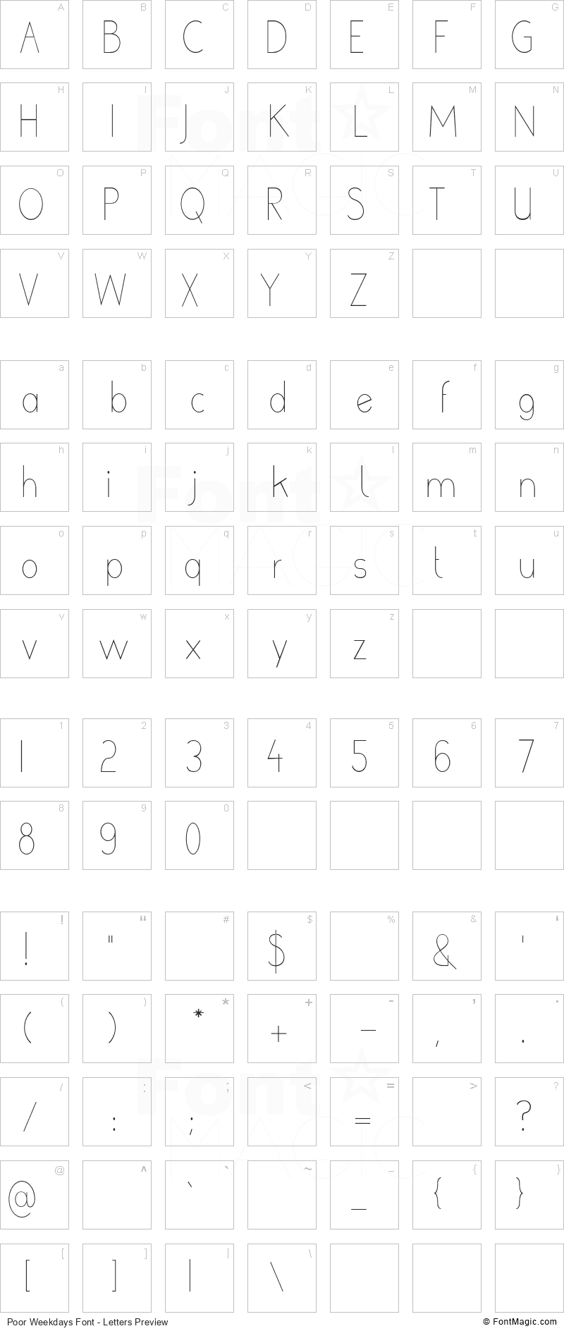 Poor Weekdays Font - All Latters Preview Chart