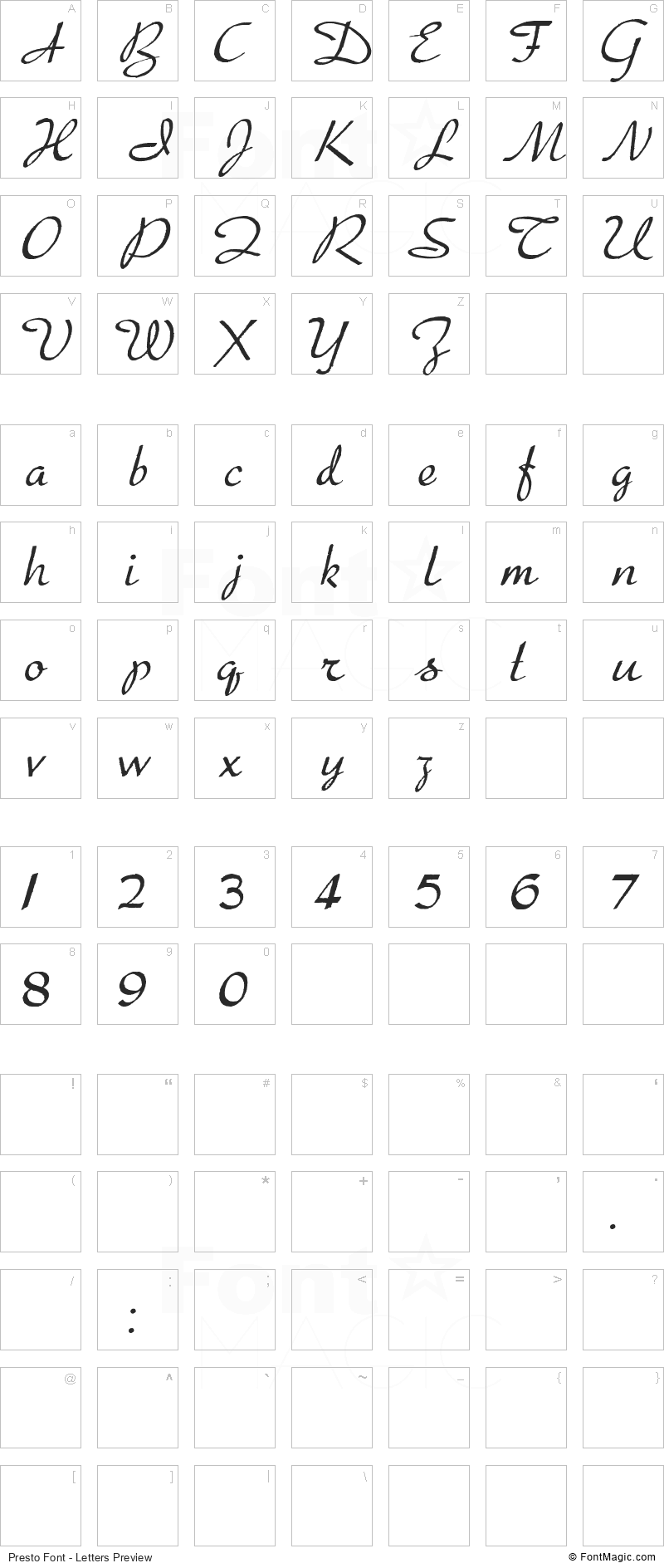 Presto Font - All Latters Preview Chart