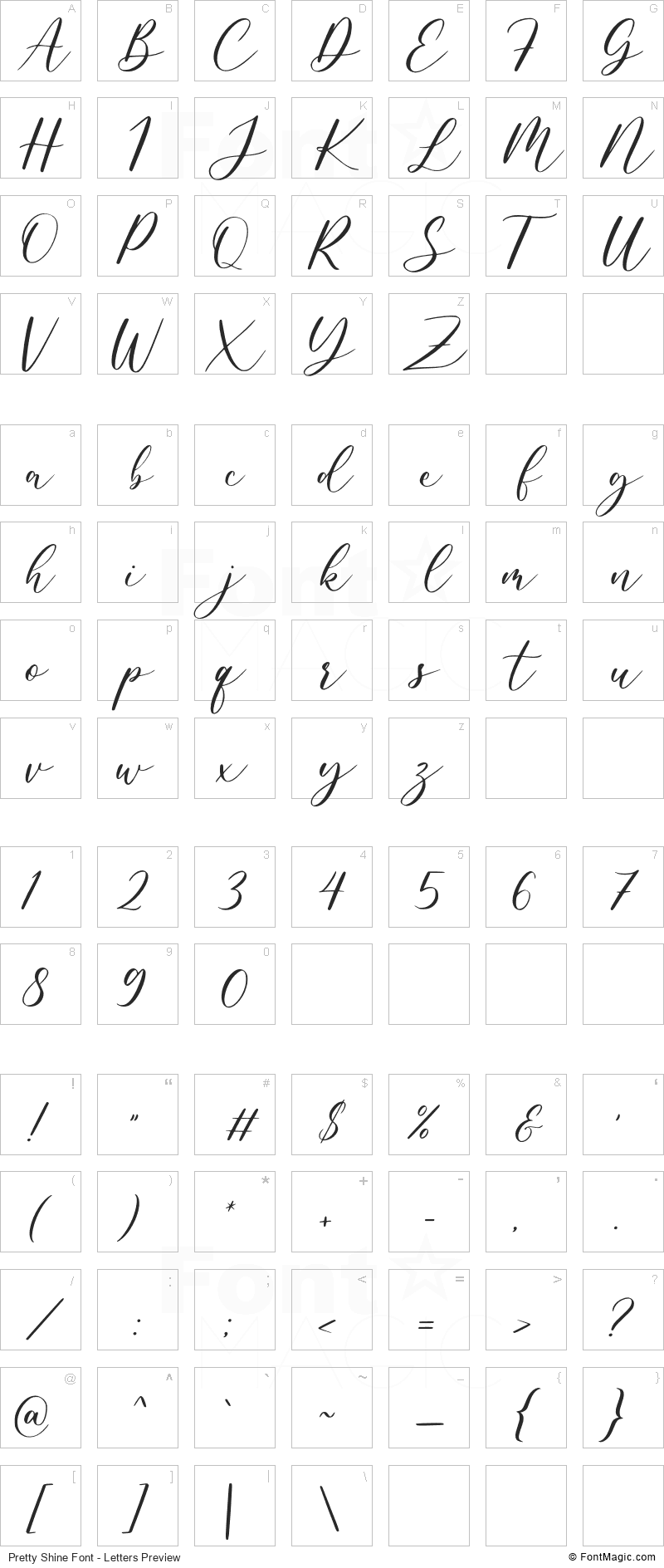 Pretty Shine Font - All Latters Preview Chart