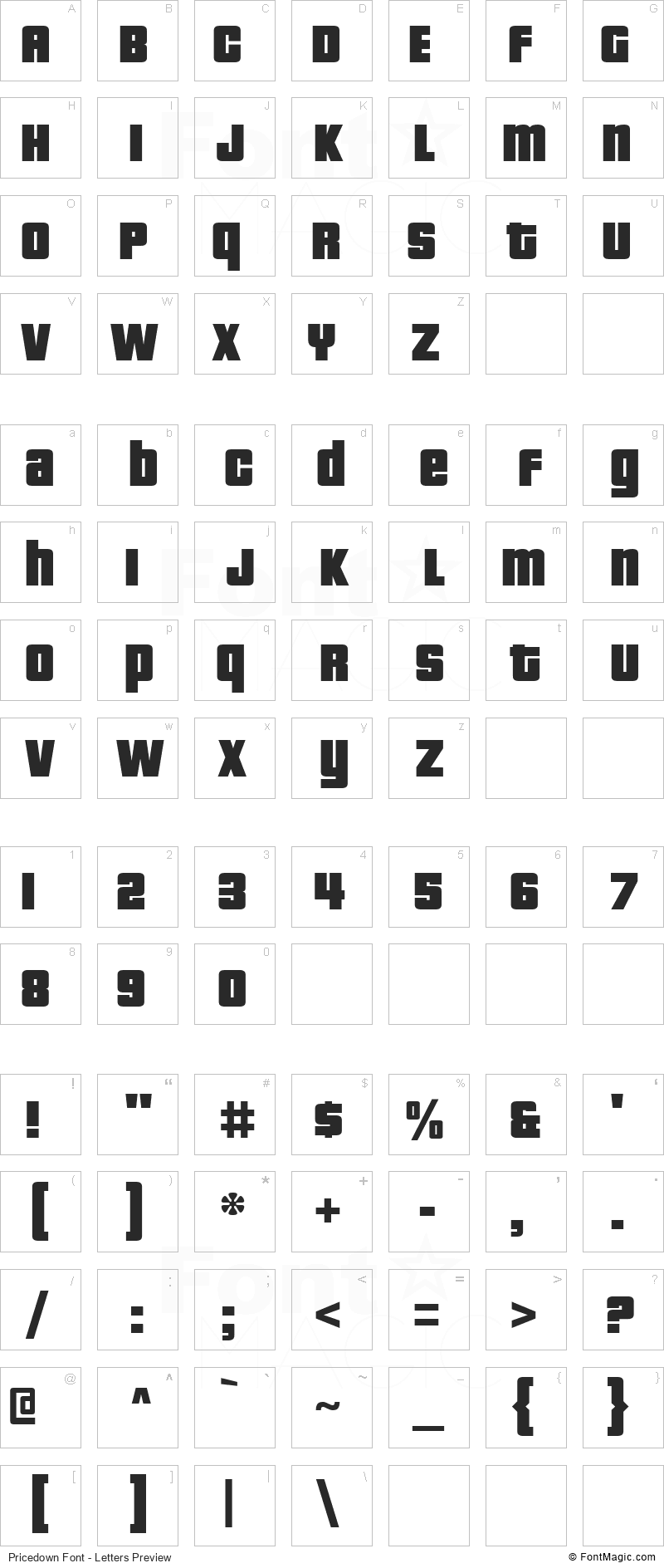 Pricedown Font - All Latters Preview Chart
