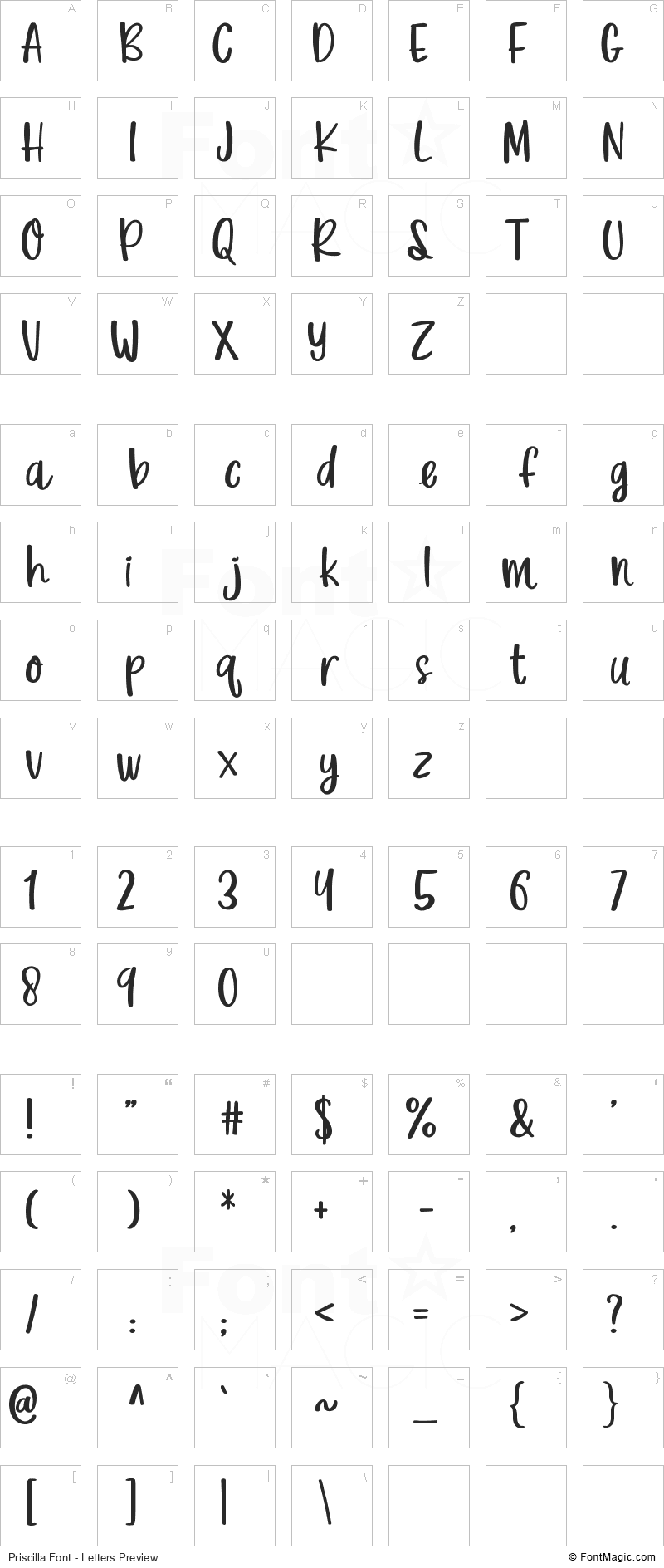 Priscilla Font - All Latters Preview Chart