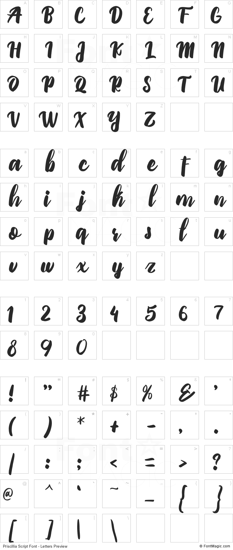 Priscillia Script Font - All Latters Preview Chart