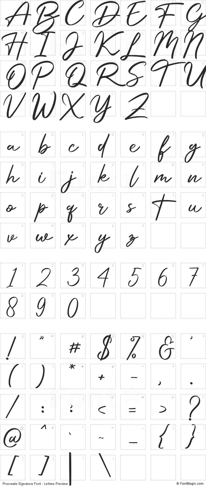 Procreate Signature Font - All Latters Preview Chart