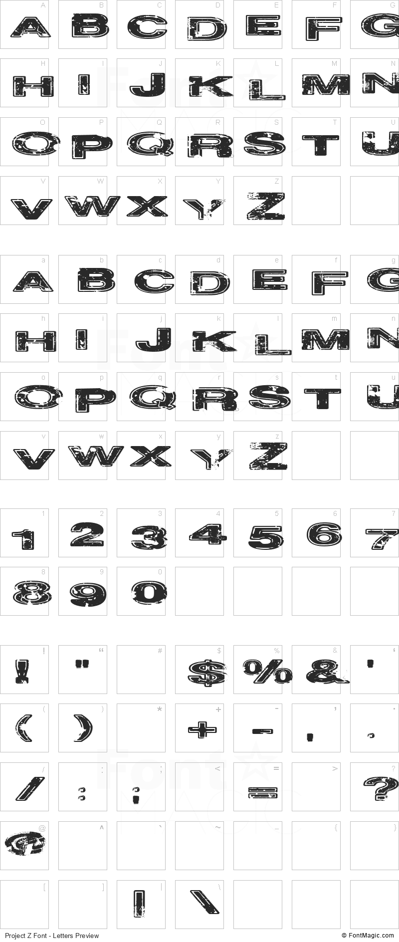 Project Z Font - All Latters Preview Chart