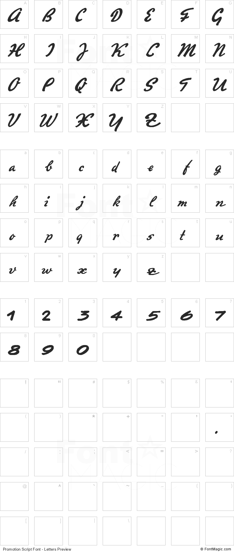 Promotion Script Font - All Latters Preview Chart