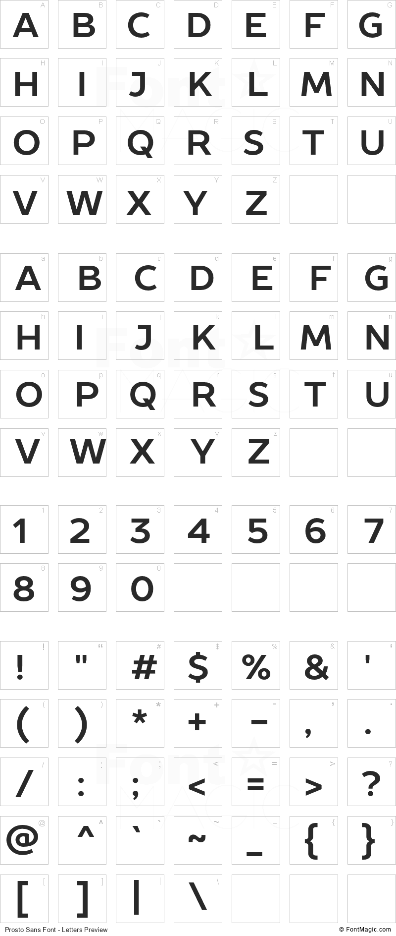 Prosto Sans Font - All Latters Preview Chart