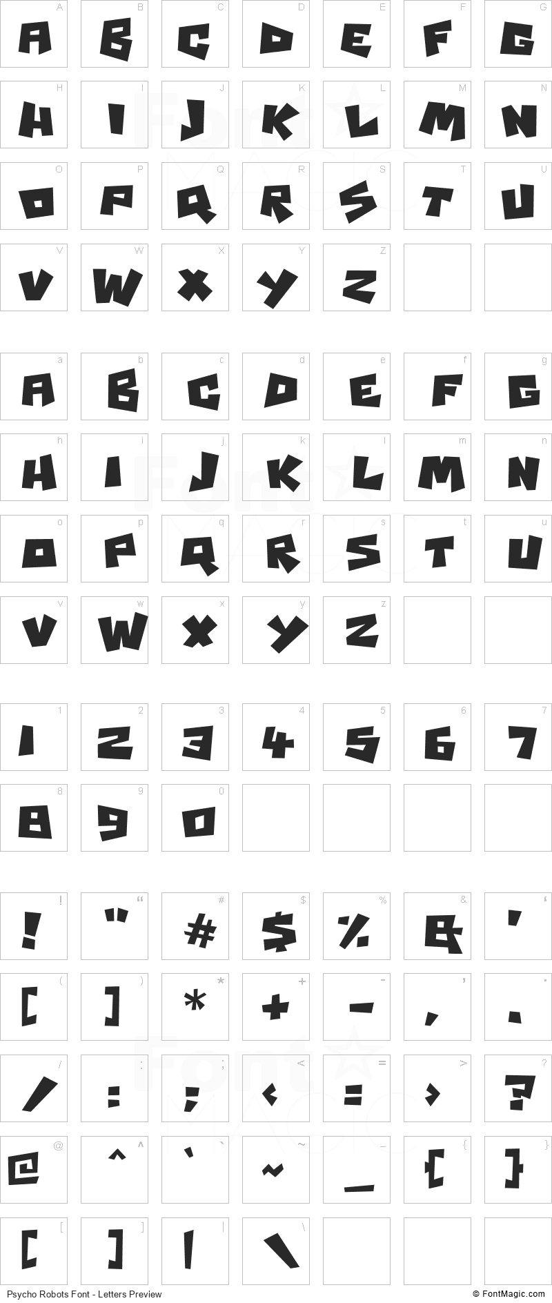 Psycho Robots Font - All Latters Preview Chart