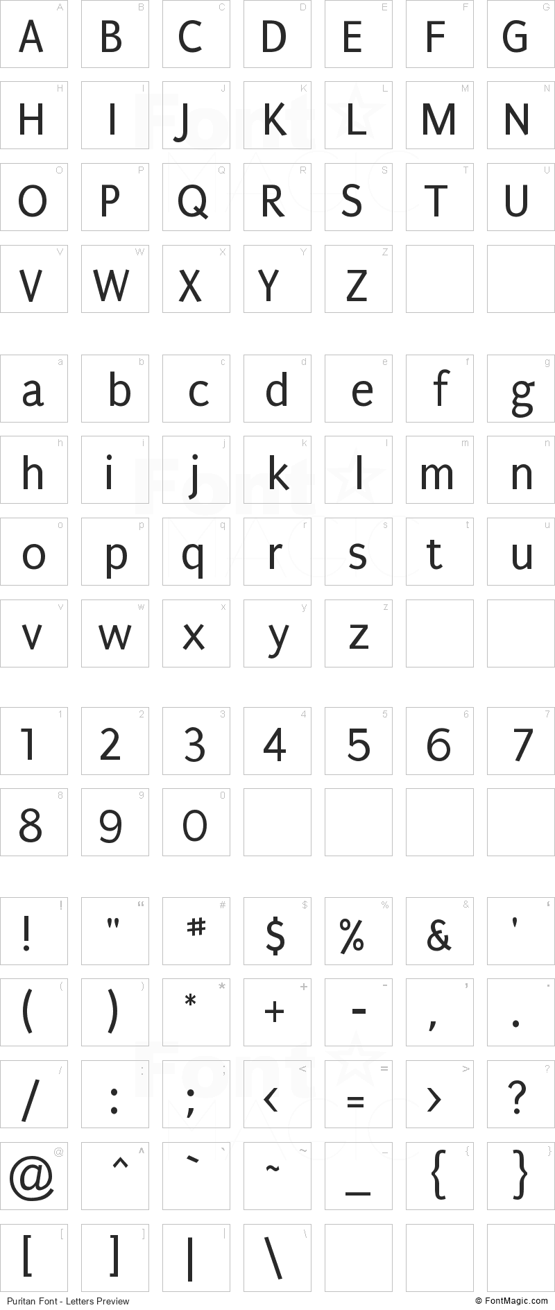 Puritan Font - All Latters Preview Chart