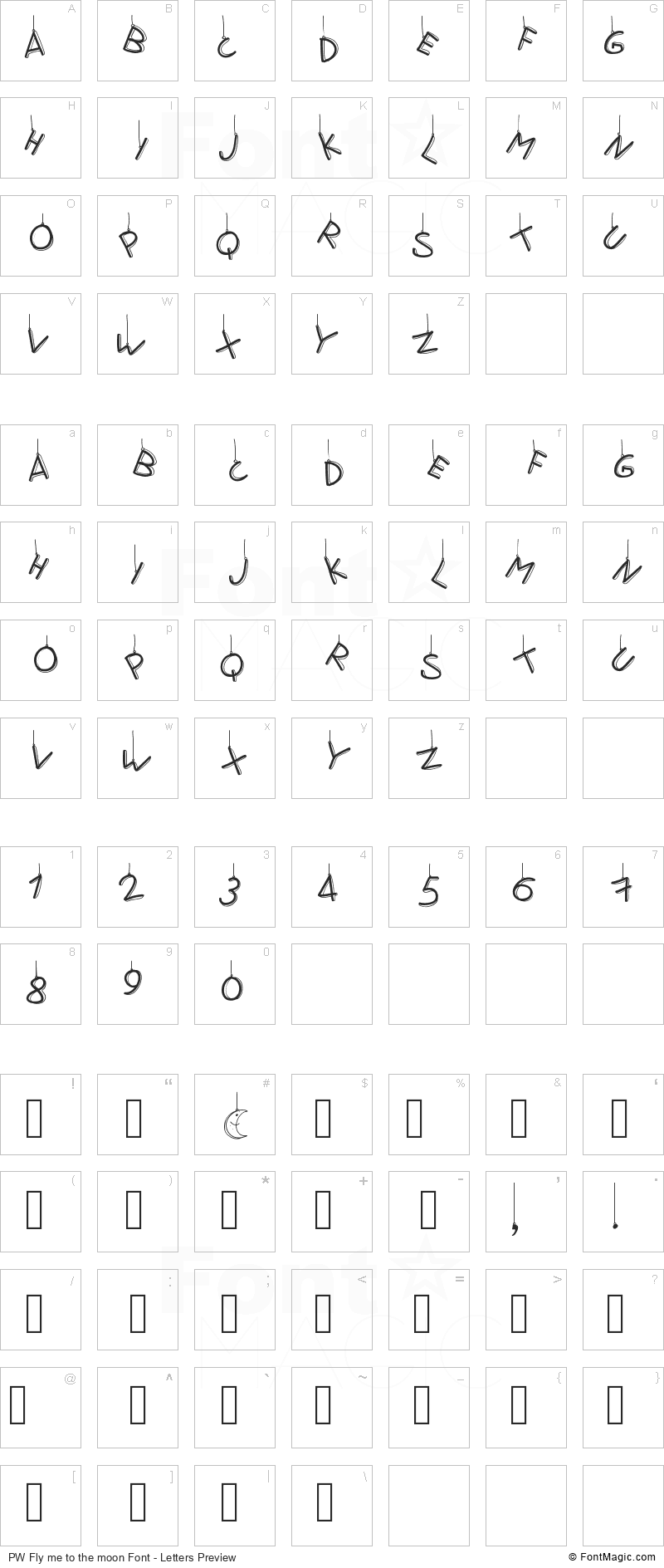 PW Fly me to the moon Font - All Latters Preview Chart