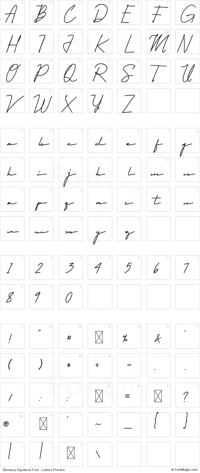 Qhueeny Signature Font - All Latters Preview Chart