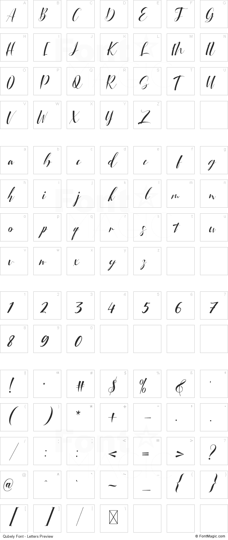 Qubely Font - All Latters Preview Chart