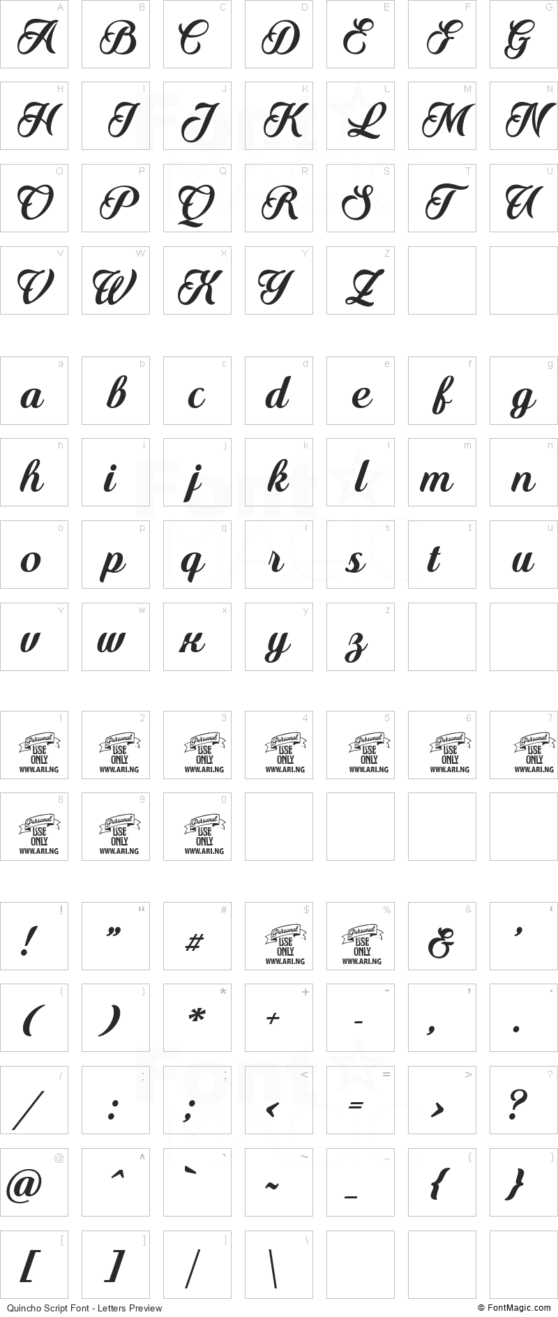 Quincho Script Font - All Latters Preview Chart