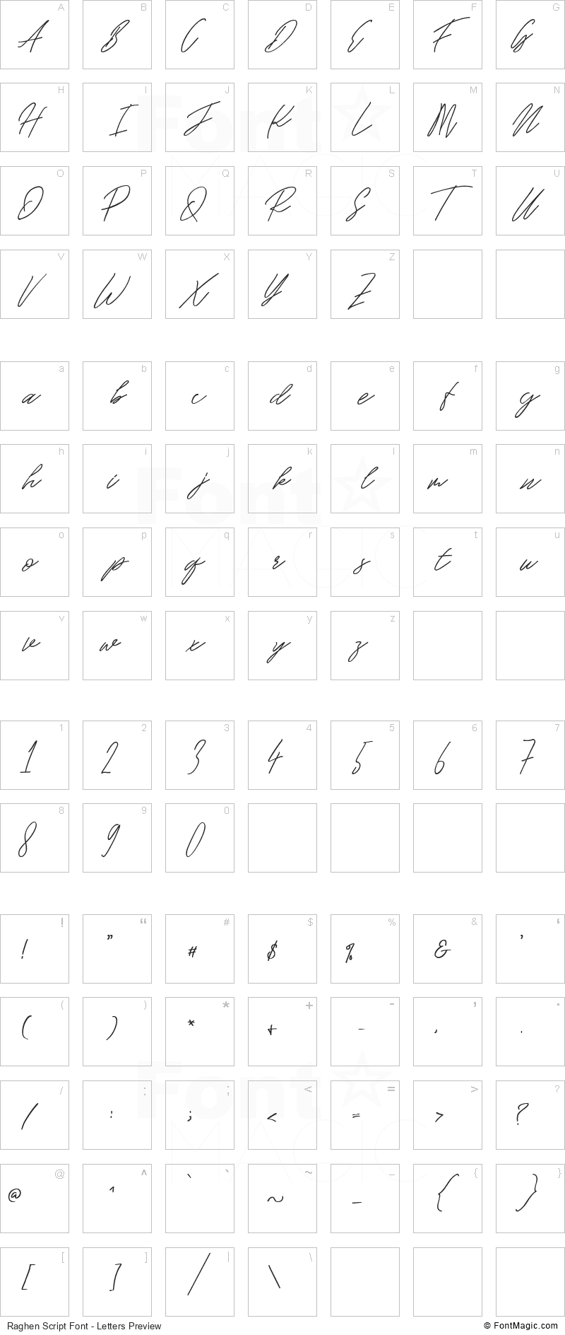 Raghen Script Font - All Latters Preview Chart
