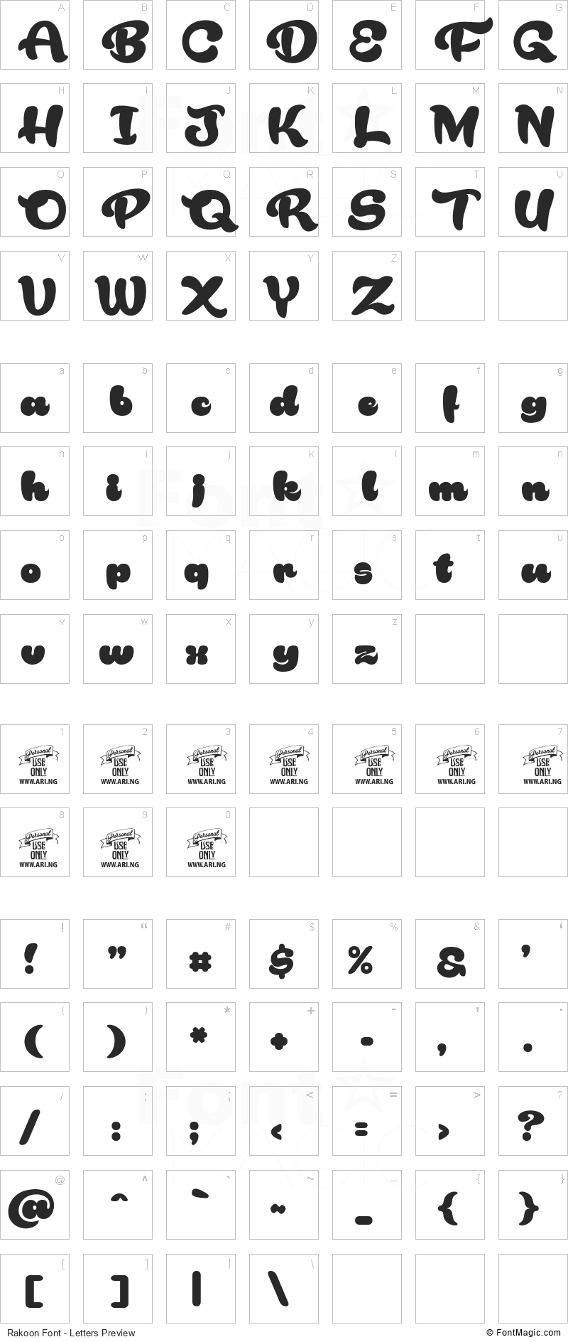 Rakoon Font - All Latters Preview Chart