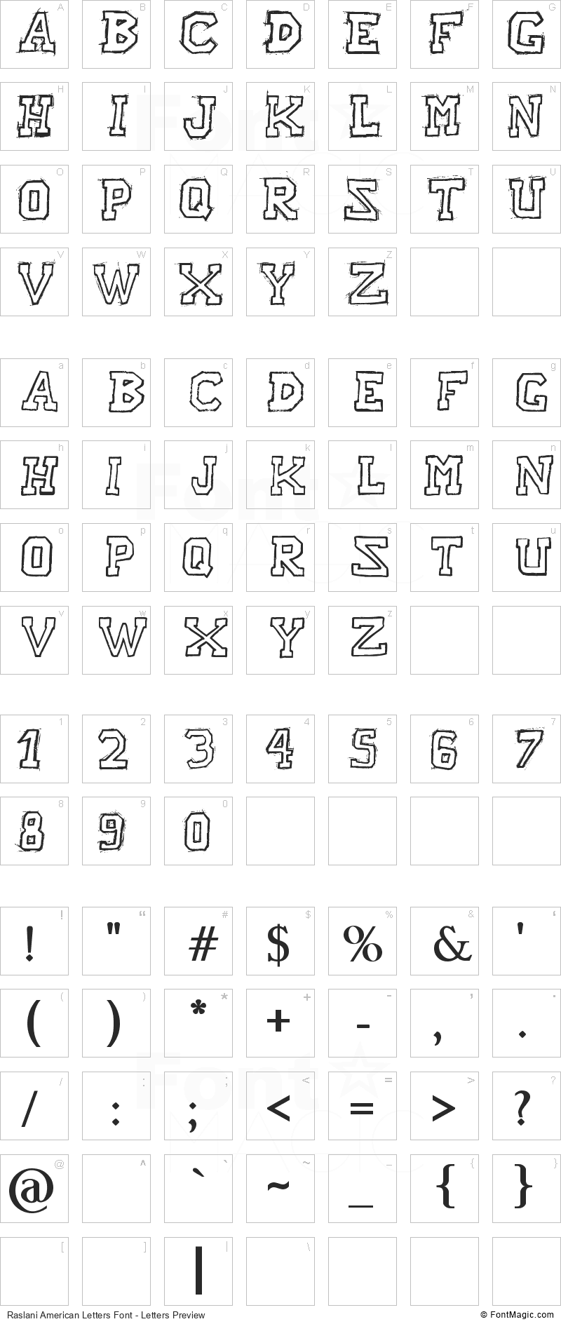 Raslani American Letters Font - All Latters Preview Chart