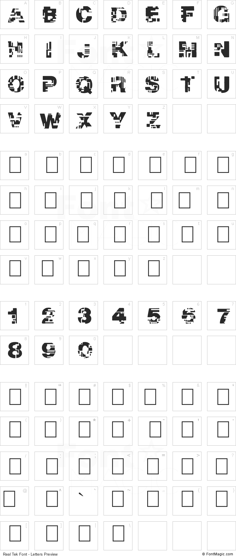 Real Tek Font - All Latters Preview Chart