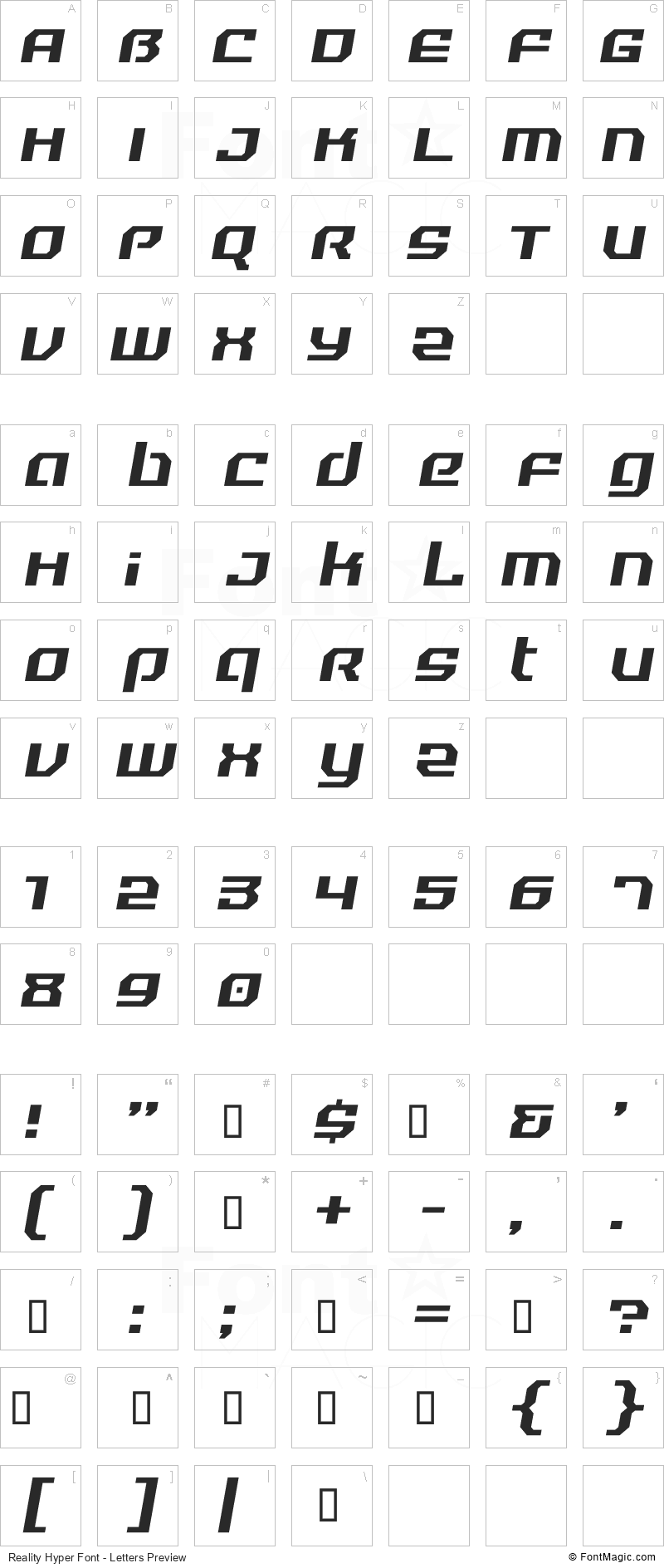 Reality Hyper Font - All Latters Preview Chart