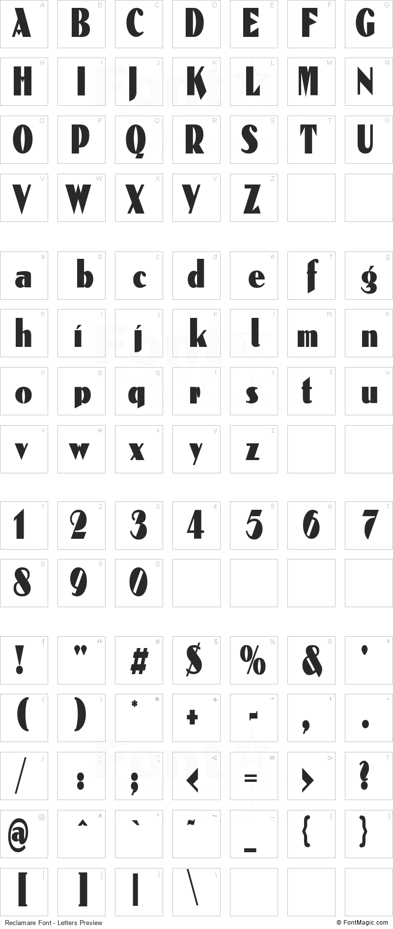 Reclamare Font - All Latters Preview Chart