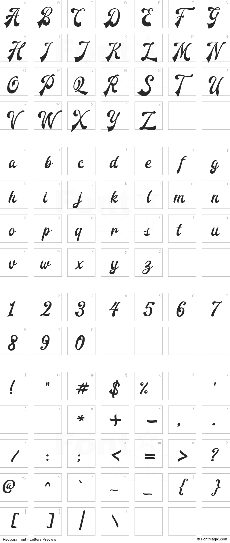 Redoura Font - All Latters Preview Chart
