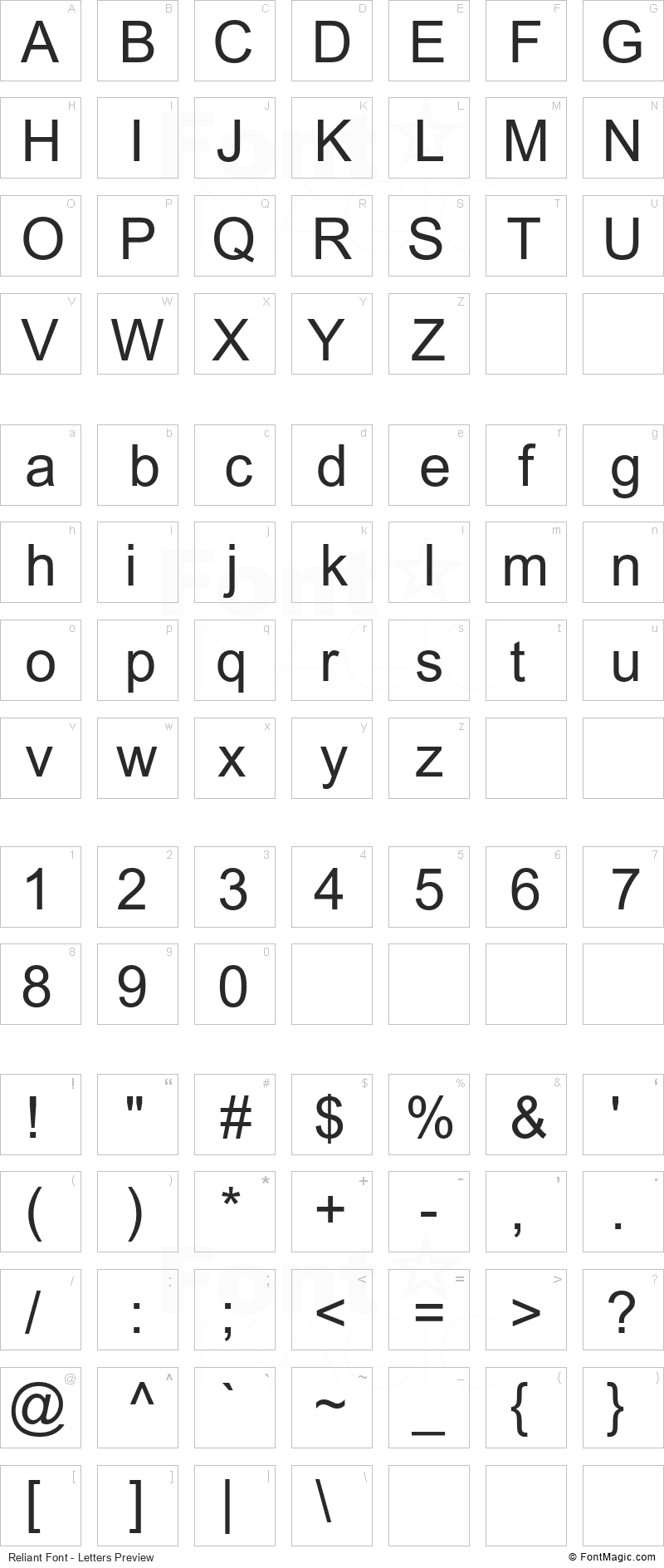 Reliant Font - All Latters Preview Chart